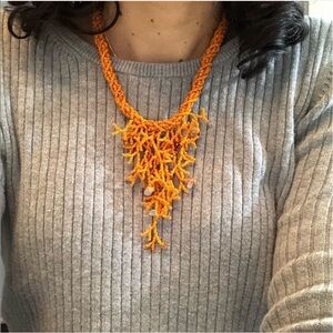 Women Statement Necklace 18” Orange Coral Strand Retro Hippie Boho Bib Costume
